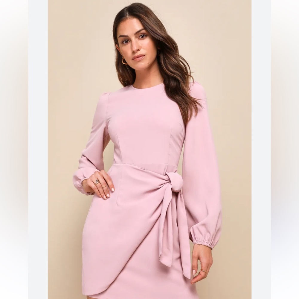 Lulu's Blush Pink Long Sleeve Tie-Waist Mini Dress - Picture 2 of 12